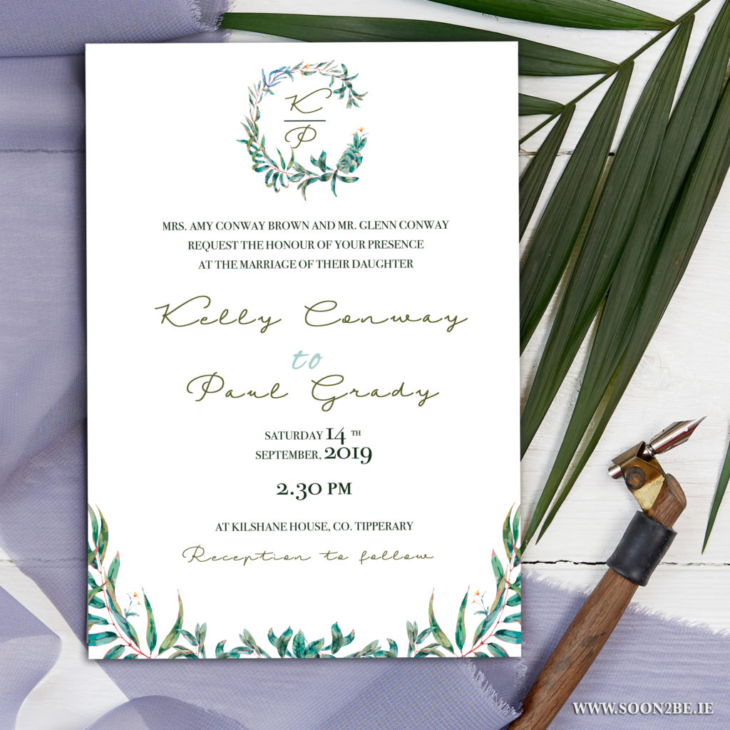 botanical greenery leaf white modern white space wedding invitation