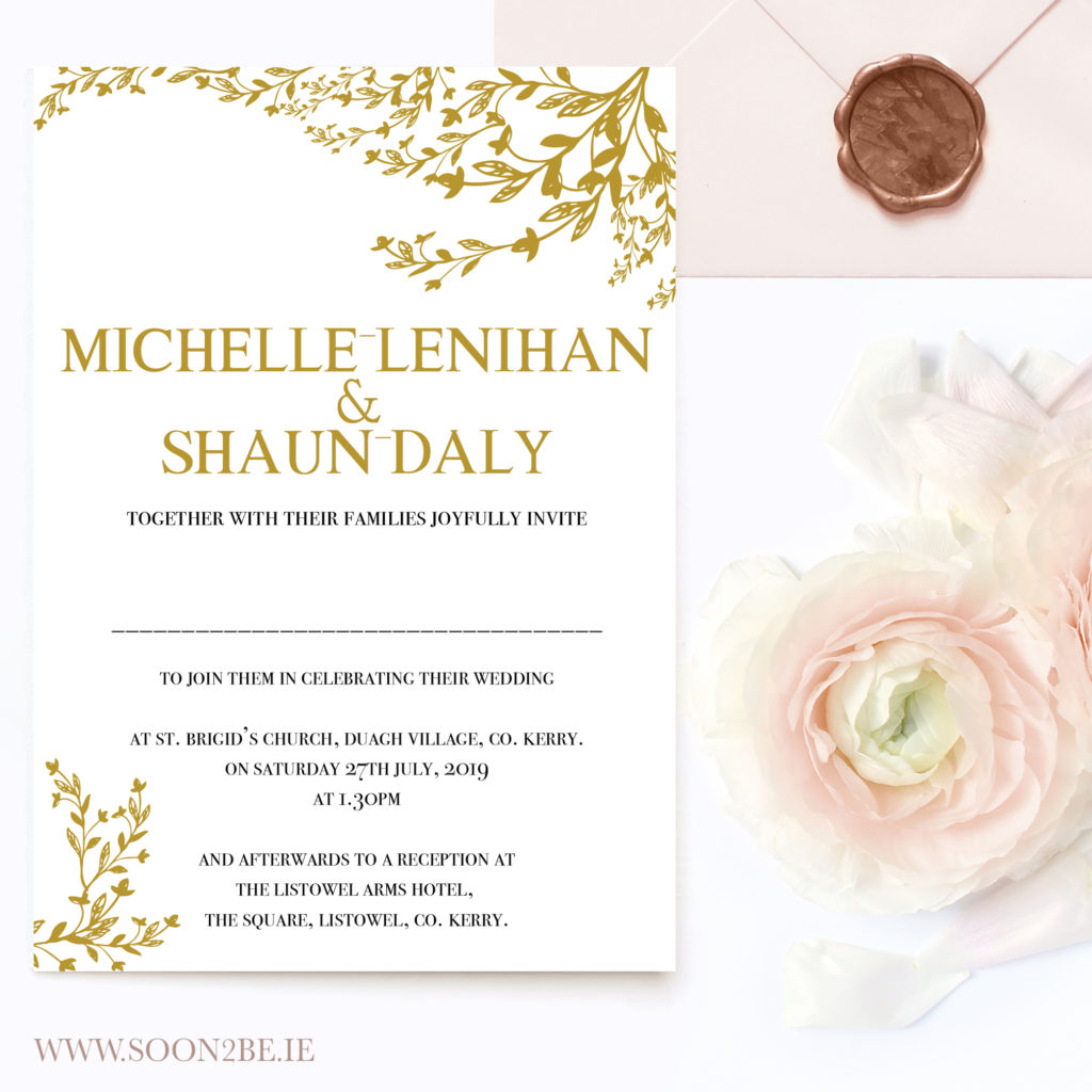 gold foil leaf branch simplistic elegant wedding invitation