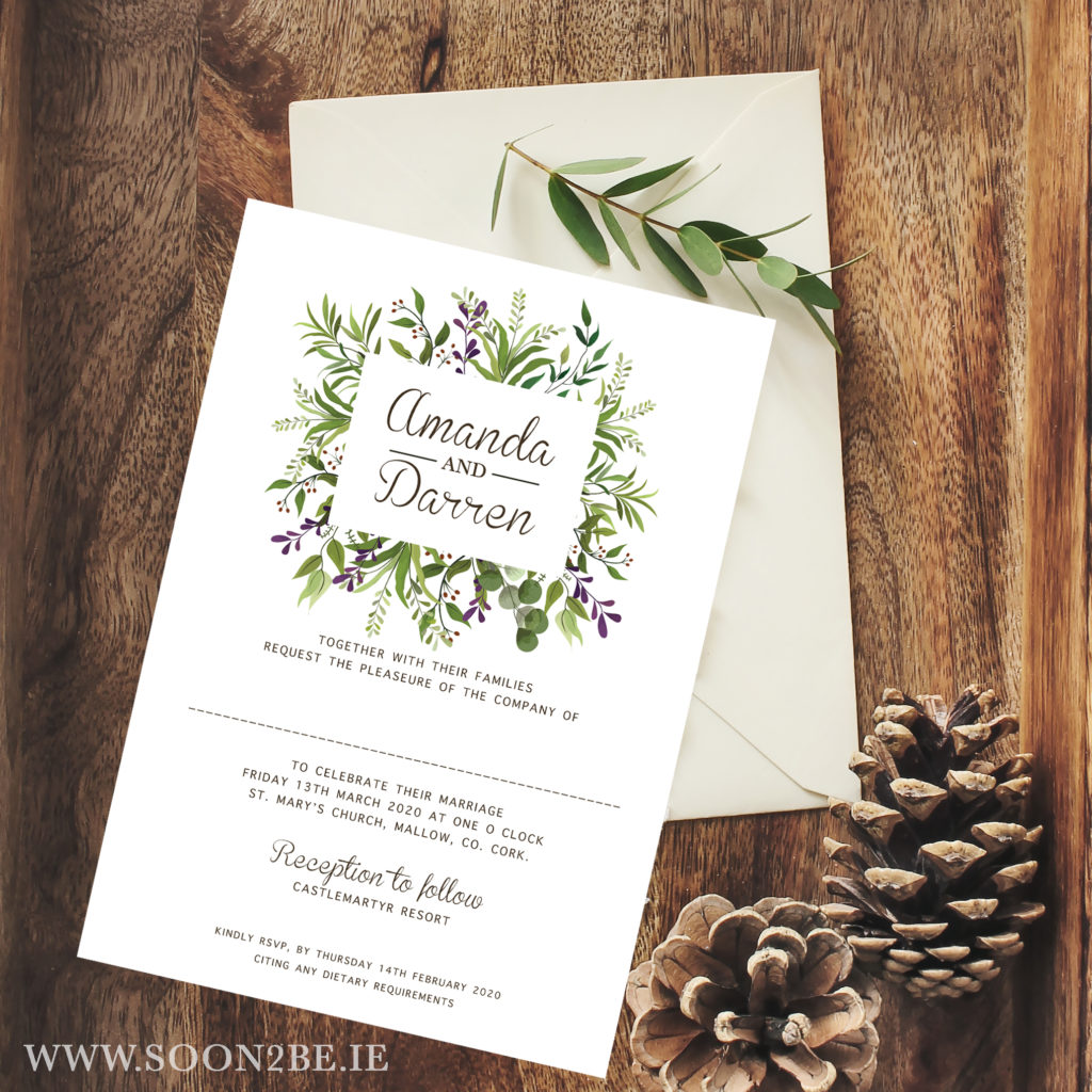 botanical greenery leaf white modern white space wedding invitation